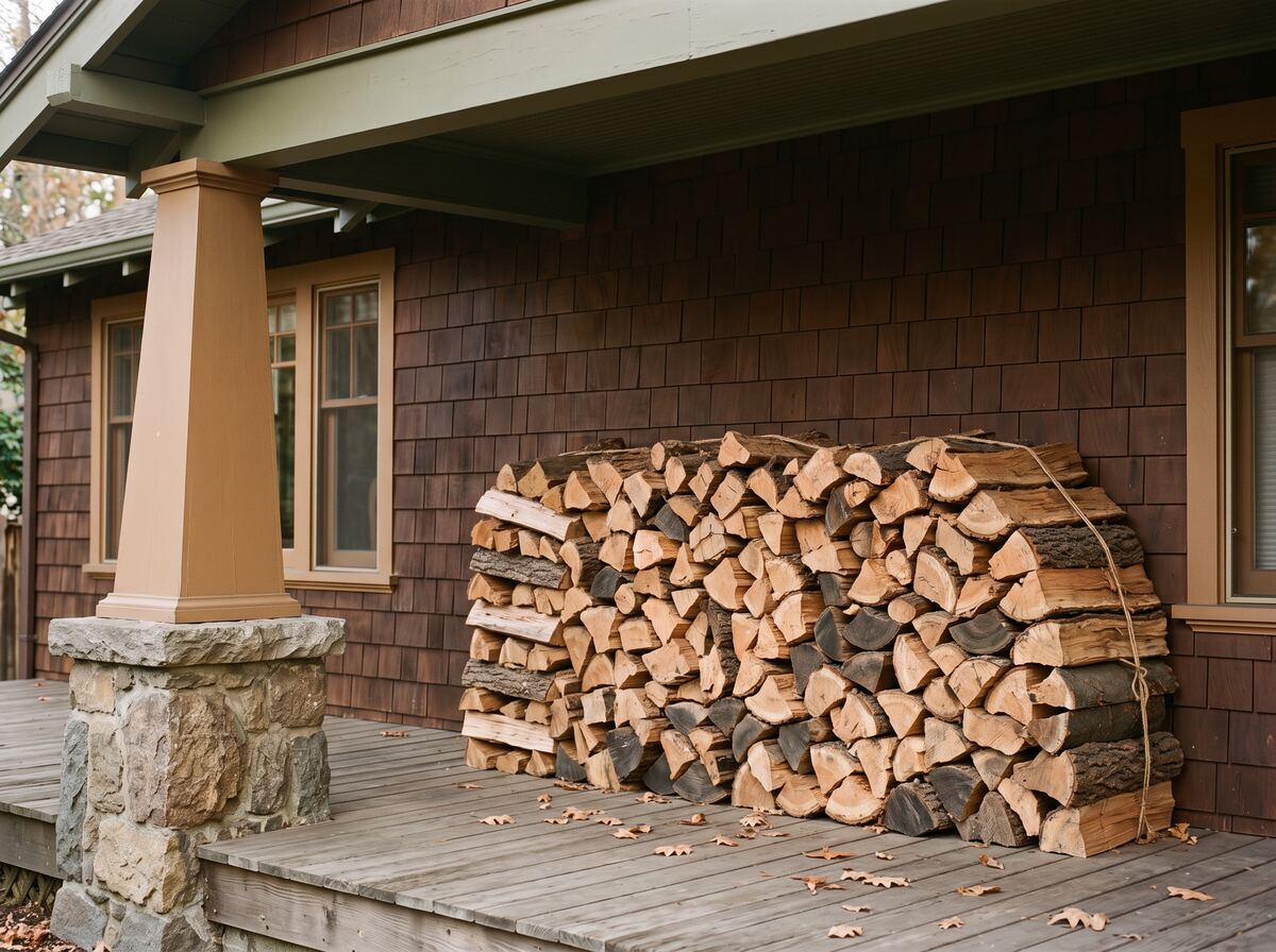 Split oak and eucalyptus stacked against the shingled wall of a Craftsman bungalow porch, beneath a deep eave beside a tapered column on a stone pier