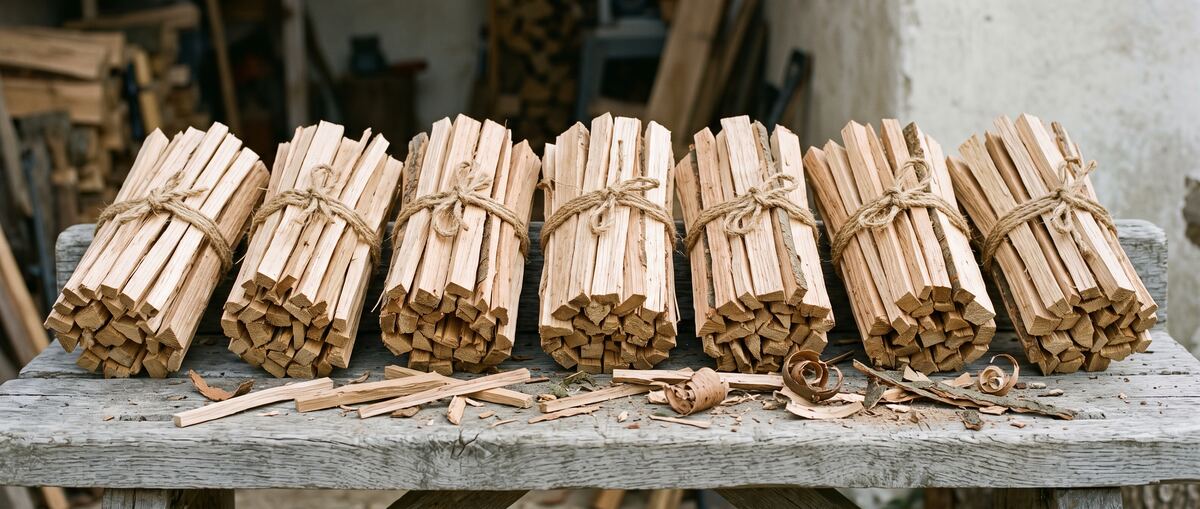 A row of split kindling bundles on a weathered bench, each tied twice with jute twine, with loose sticks and bark curls in front