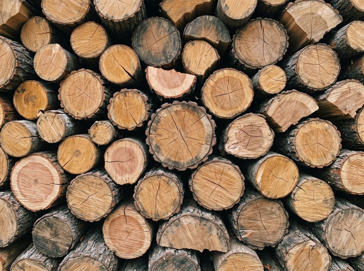 A stacked wall of split mixed hardwood log ends, showing dry checked end grain and rough bark edges