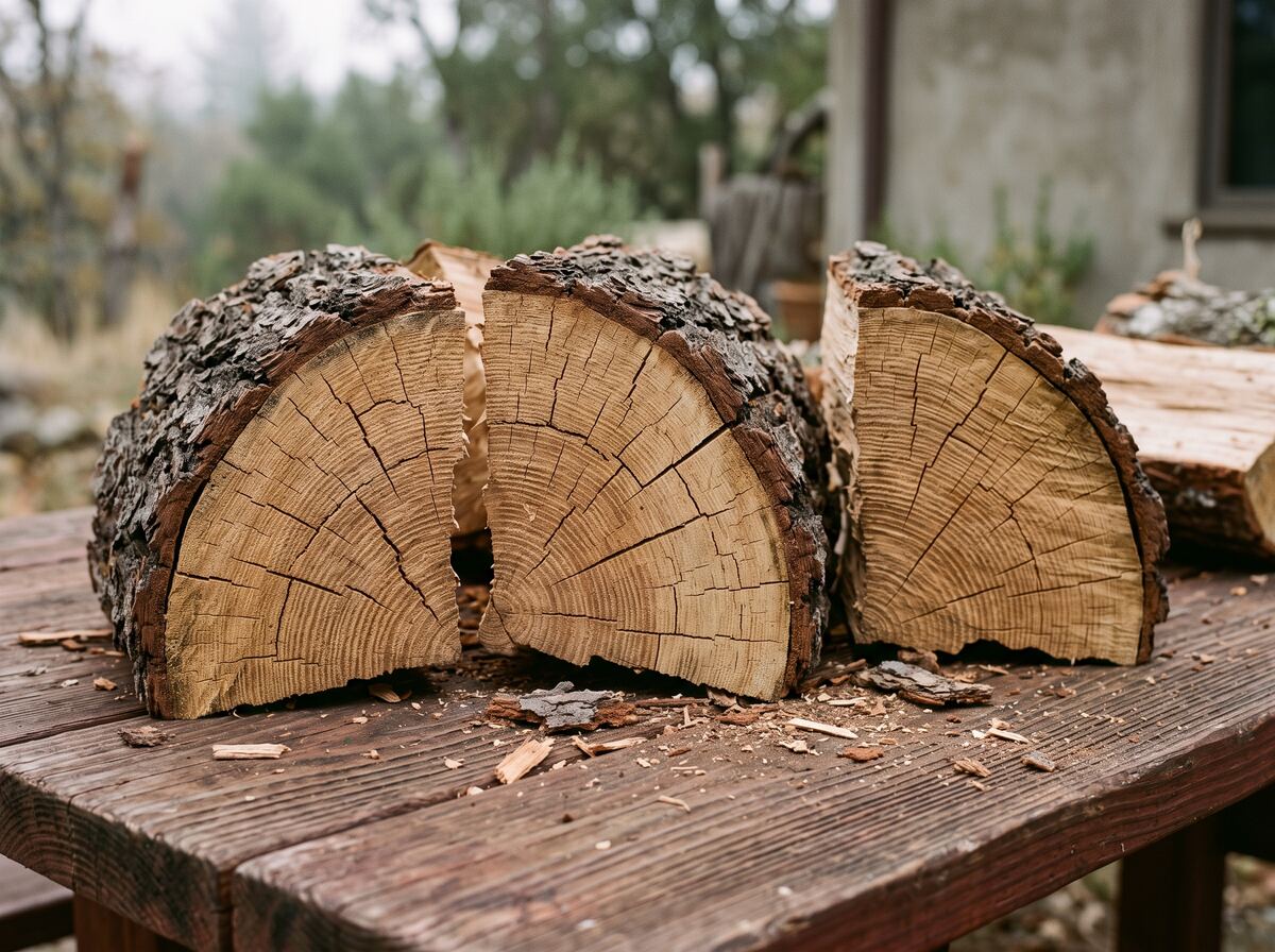Quartered rounds of seasoned oak standing on a weathered bench, growth rings and drying checks across the end grain